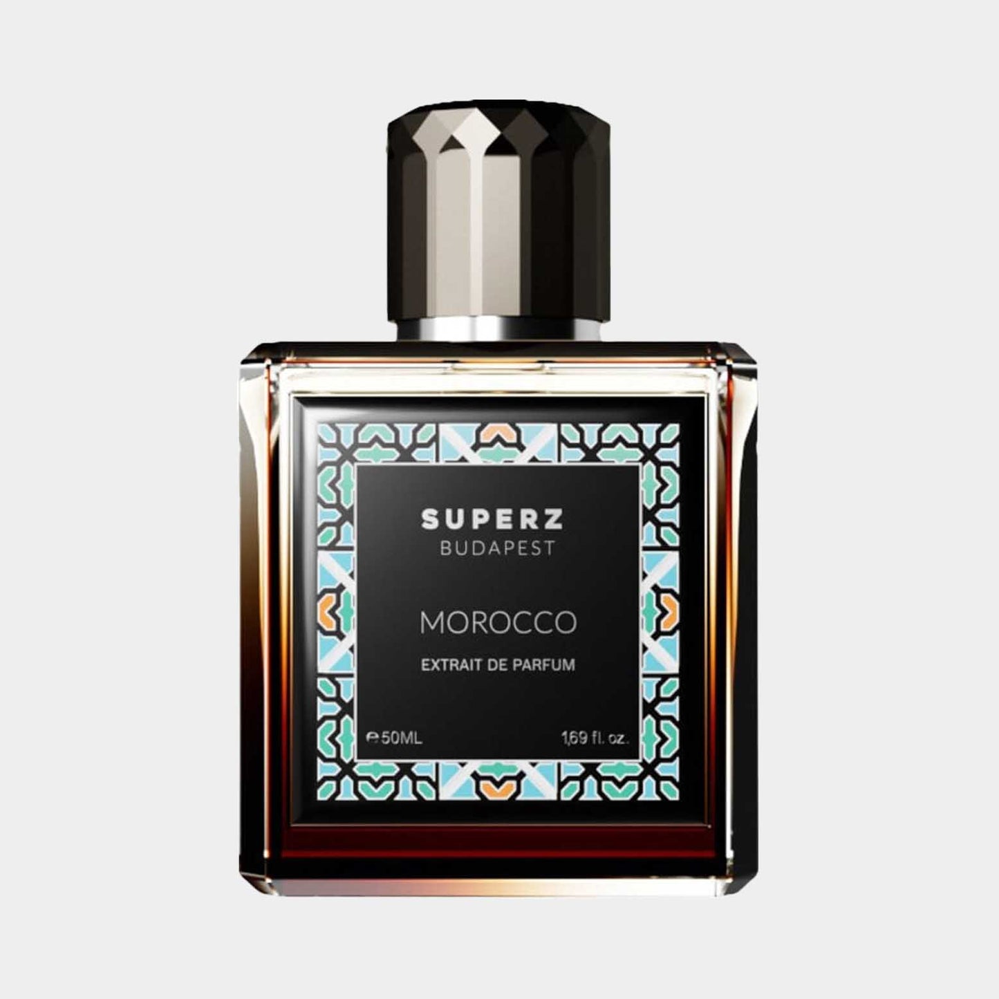 Superz Morocco Full bottle, een elegant parfumflacon van 50 ml met een kunstzinnig ontwerp en levendige kleuren, ideaal voor een luxe geurervaring.