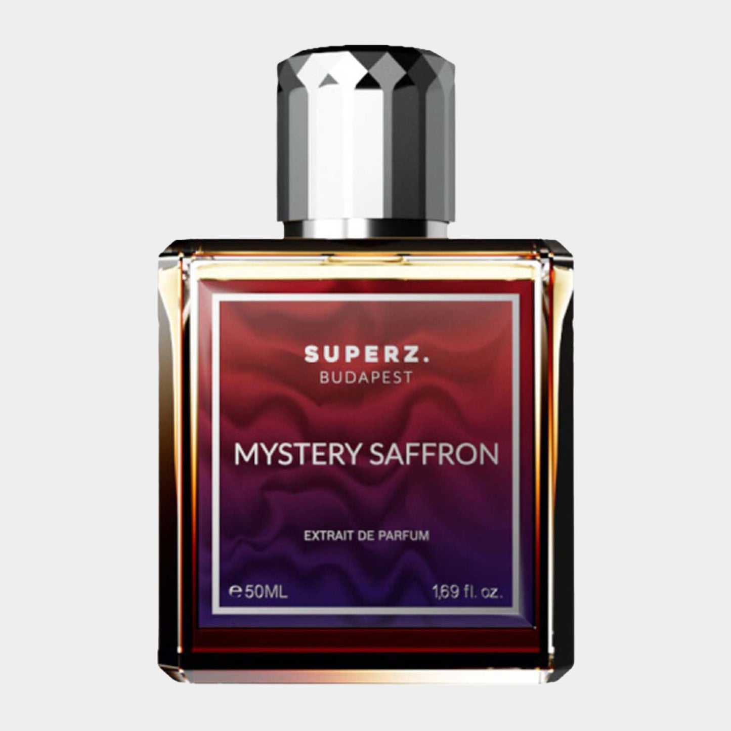 Fles van 50 ml van Superz Mystery Saffron Sample, een luxe parfum met een elegante uitstraling, verpakt in een stijlvol flacon met een zwart en gouden ontwerp.