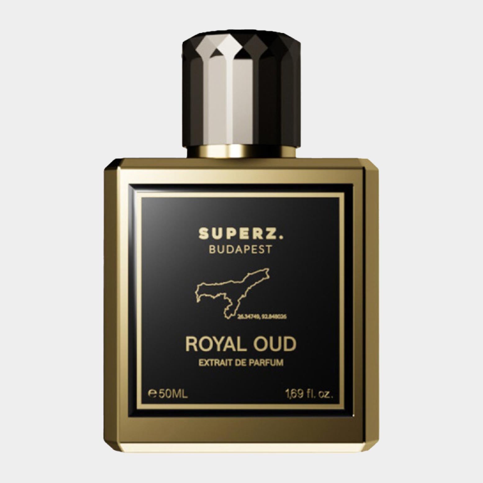 Superz Royal Oud Sample in een elegante gouden fles, bevat 50 ml Extrait de Parfum met een luxe uitstraling.