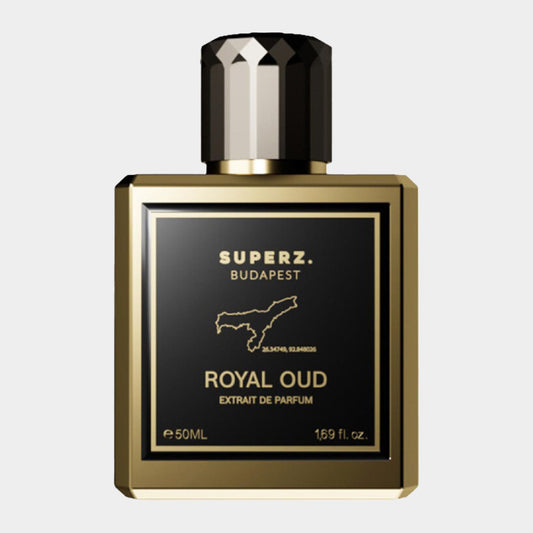 Superz Royal Oud Sample in een elegante gouden fles, bevat 50 ml Extrait de Parfum met een luxe uitstraling.
