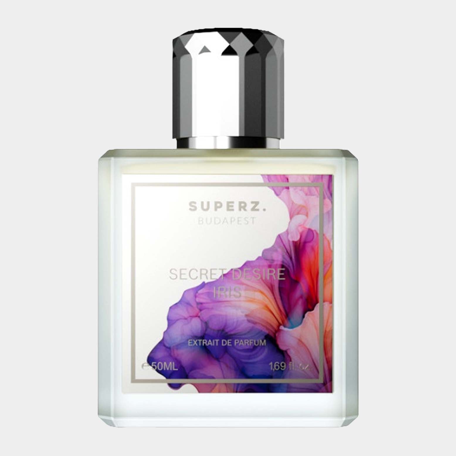 Flesje van Superz Secret Desire Iris Sample, een parfum met een elegant ontwerp en een kunstzinnige bloemenillustratie op de verpakking.