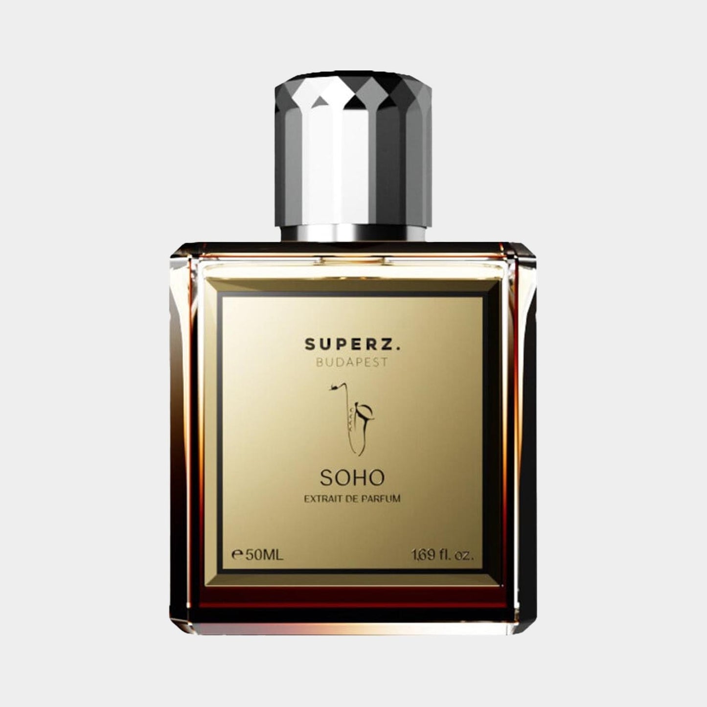 Superz Soho full bottle, een elegante parfumflacon van 50 ml met een luxueuze gouden verpakking en een stijlvolle dop.