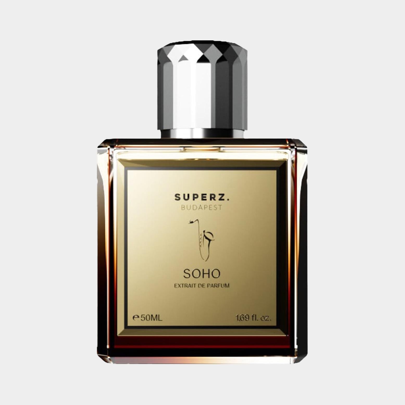 Superz Soho full bottle, een elegante parfumflacon van 50 ml met een luxueuze gouden verpakking en een stijlvolle dop.