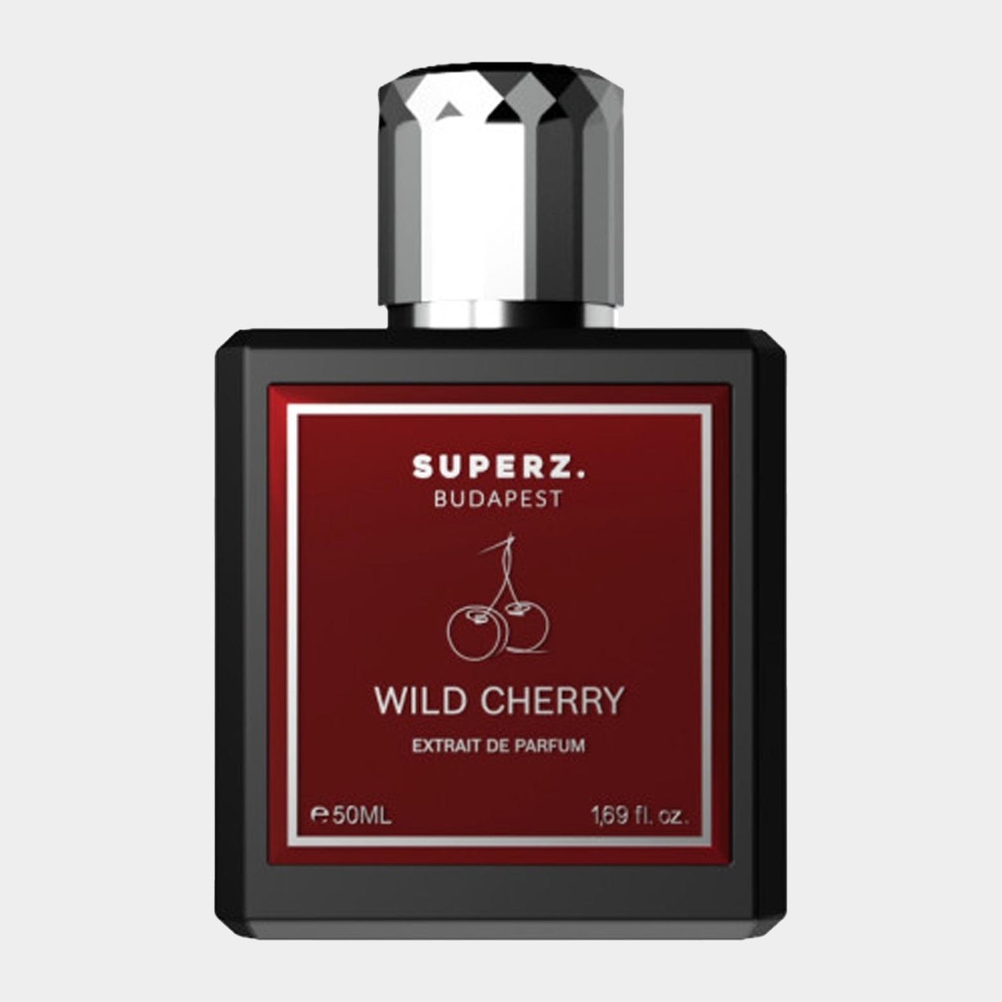 Superz Wild Cherry Sample, een elegante parfumfles van 50 ml met een opvallende rode en zwarte verpakking, die de geur van wilde kersen vertegenwoordigt.