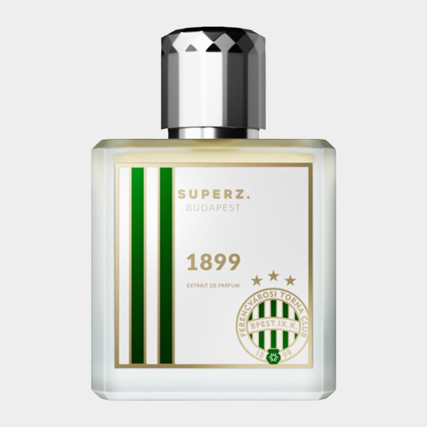 Flesje van Superz 1899 Sample, een extrait de parfum in een elegant ontwerp met groene en gouden accenten. Het label toont het merk Superz en de naam Budapest.