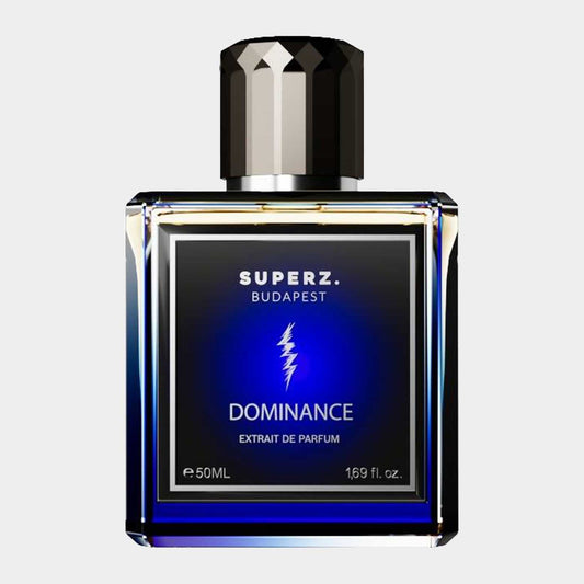 Superz Dominance Sample, een 50 ml extrait de parfum in een stijlvolle flacon met een opvallend blauw en zwart ontwerp.
