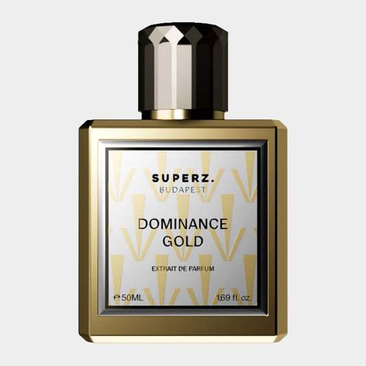 Superz Dominance Gold Sample, een elegante parfumfles van 50 ml met een gouden afwerking en een verfijnde uitstraling, perfect voor een luxueuze geurervaring.