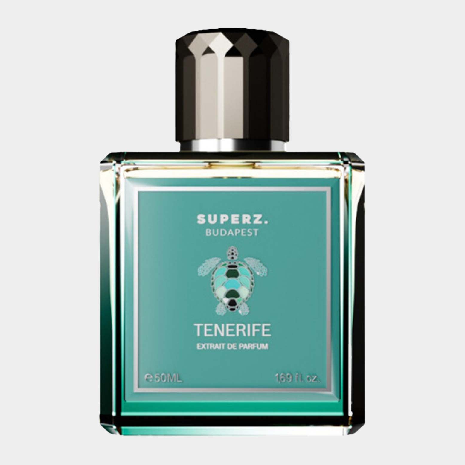 Fles parfum van Superz Tenerife Sample, met een turquoise label en een schildpadontwerp, 50 ml. Elegant glazen verpakking met een zwarte dop.