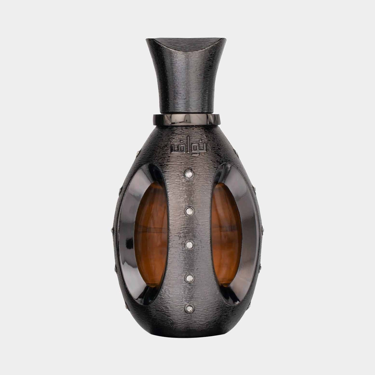 Fles van Swiss Arabian Nawaf Sample, elegant vormgegeven in een zwarte afwerking met doorzichtige elementen en versieringen, perfect voor het uitproberen van deze luxe geur.