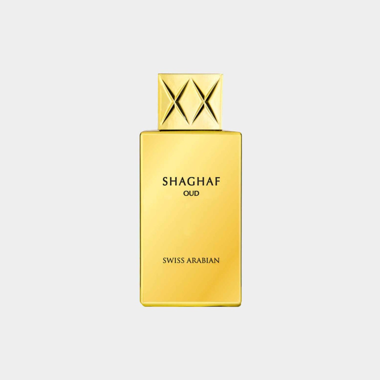 Monsterfles van Swiss Arabian Shaghaf Oud, een luxe parfum met een glanzende gouden verpakking en een opvallende dop. Het label toont de naam Shaghaf Oud en het merk Swiss Arabian.