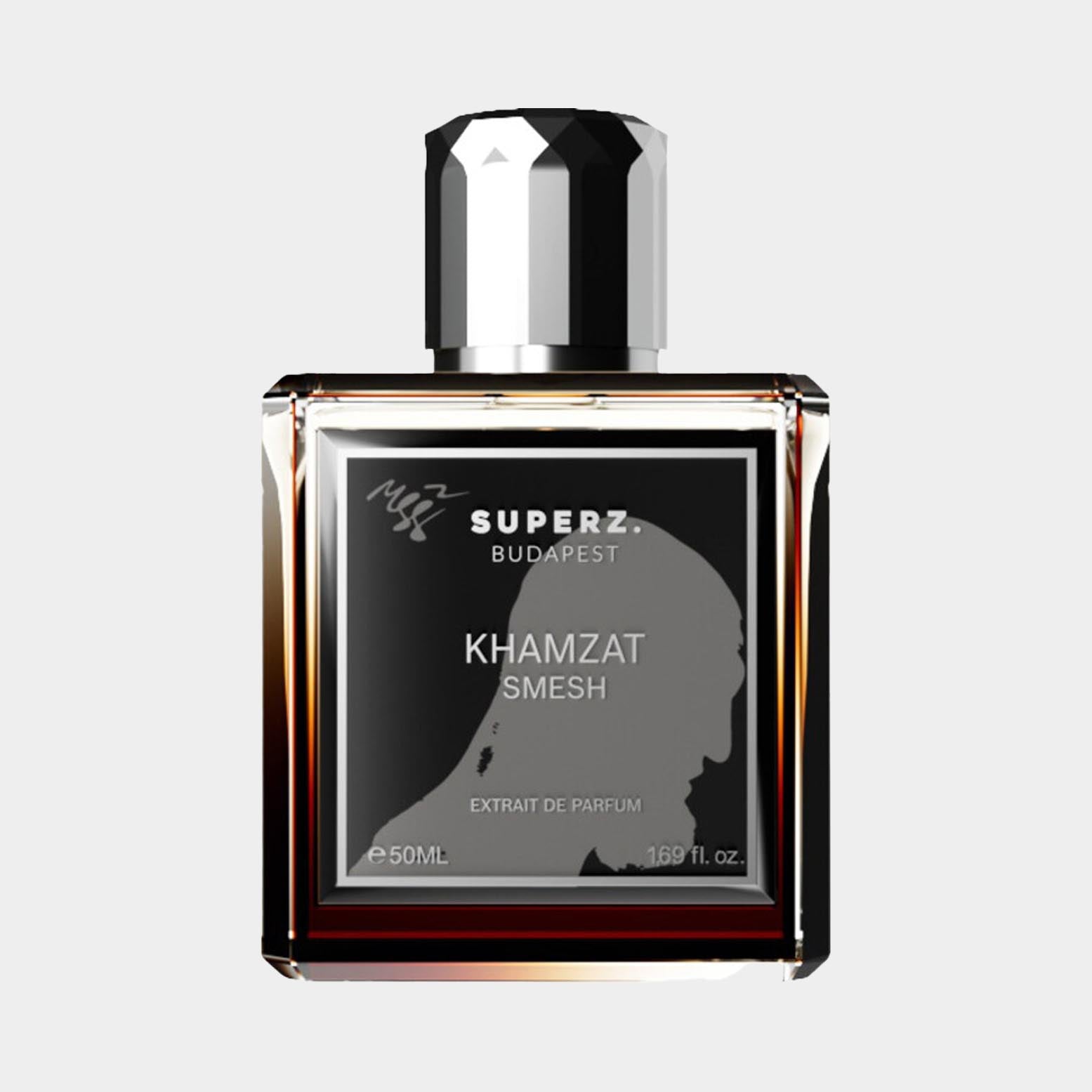 Superz Khamzat Smesh Sample in a 50 ml flacon, met een elegante zwarte en gouden verpakking en een silhouet van Khamzat op de voorkant.