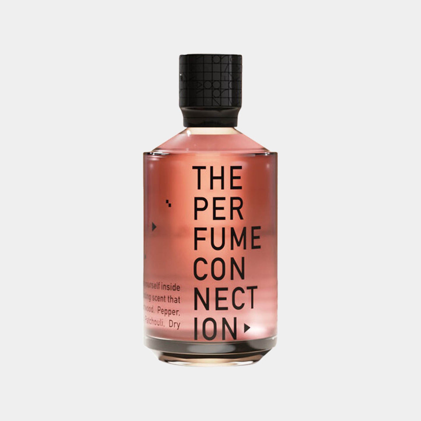 Een samplefles van The Perfume Connection (TPC) Lip - Lock met een elegante vorm en een zachte, roze vloeistof. Het label is zwart met de tekst THE PERFUME CONNECTION in een moderne typografie.