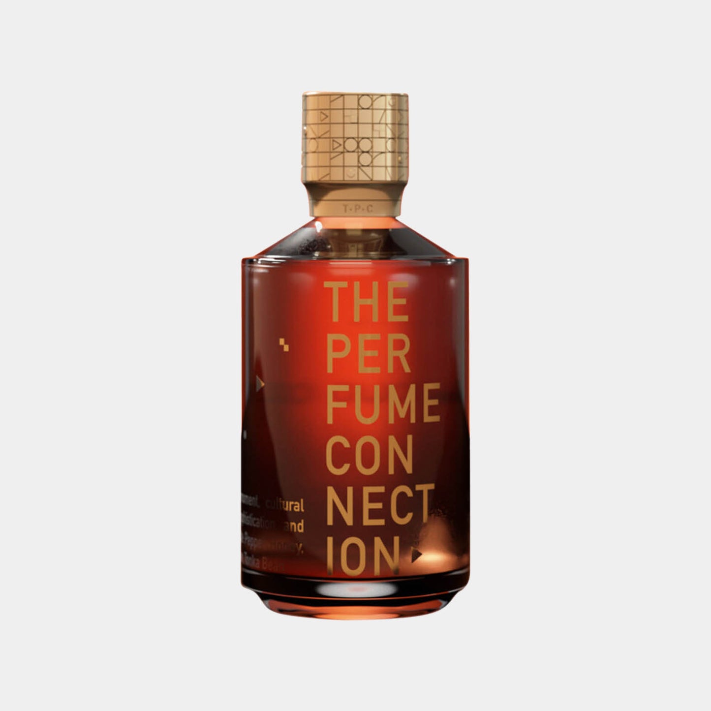 The Perfume Connection (TPC) Oud Connection Sample in een elegante flacon met een gouden dop, weerspiegelt een luxe geurervaring.