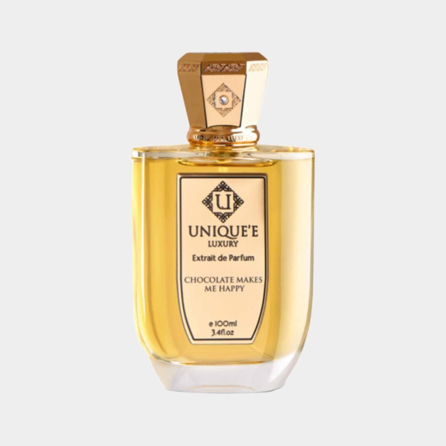 Productafbeelding van Uniquee Luxury Chocolate Makes Me Happy parfum, een 100 ml Extrait de Parfum in een elegante, goudkleurige fles met een luxueuze uitstraling. De geur belooft een verrijkende chocoladesensatie die vreugde brengt.