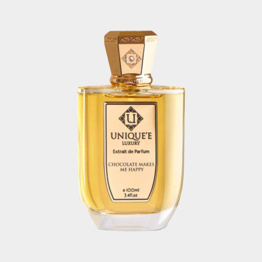 Productafbeelding van Uniquee Luxury Chocolate Makes Me Happy parfum, een 100 ml Extrait de Parfum in een elegante, goudkleurige fles met een luxueuze uitstraling. De geur belooft een verrijkende chocoladesensatie die vreugde brengt.