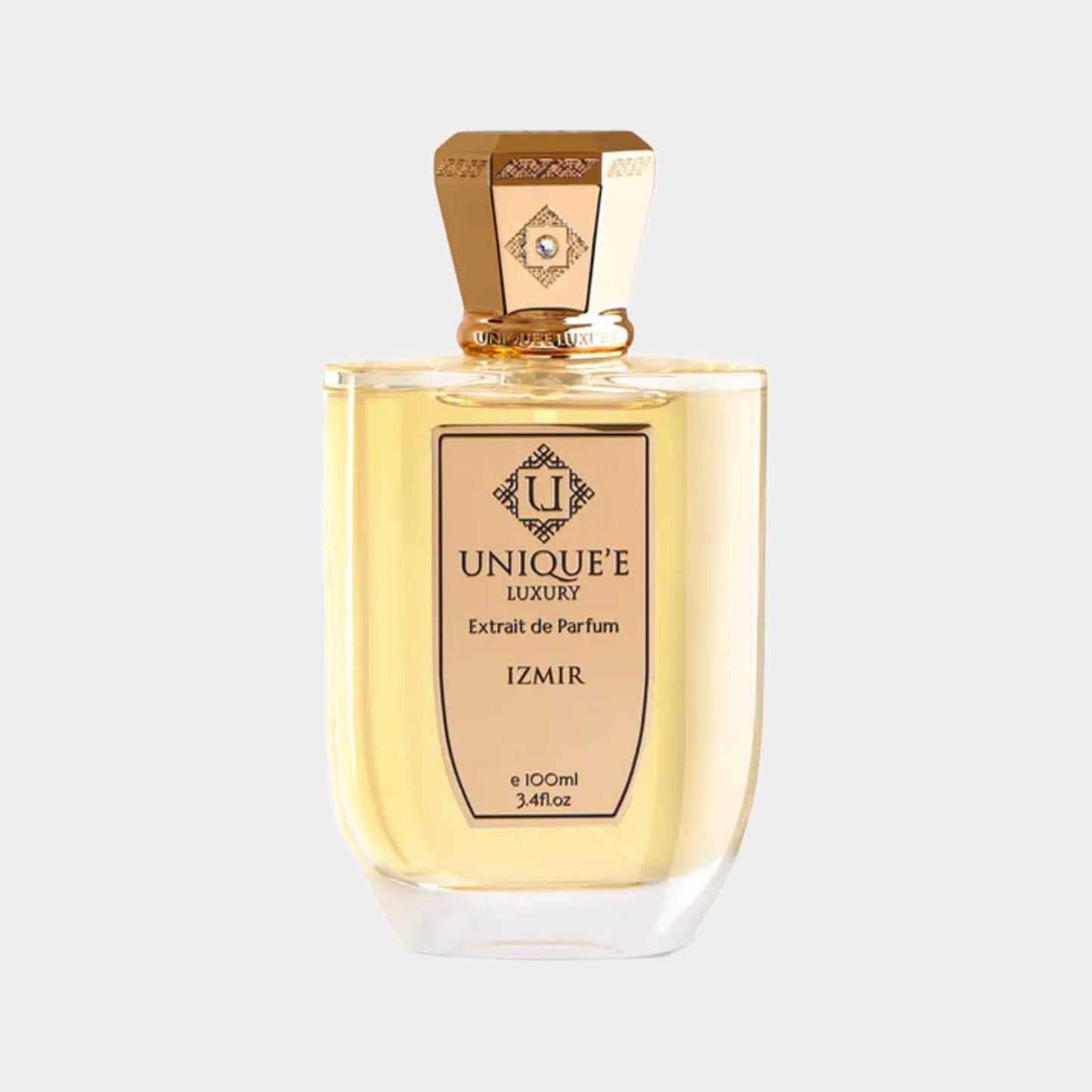 Uniquee Luxury Izmir Sample - Elegante parfumfles met een goudkleurige dop en een verfijnde geur in een 100 ml fles.