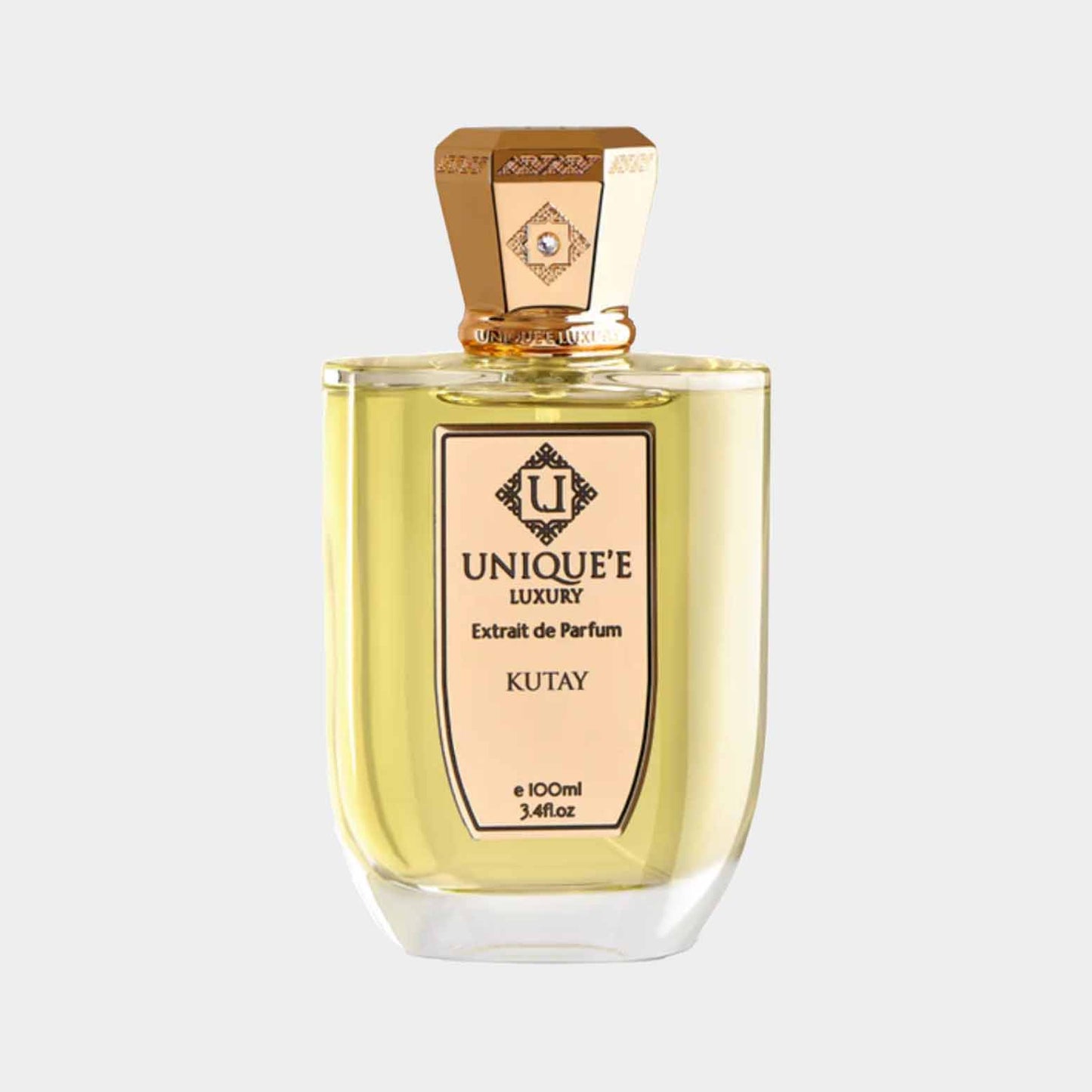 Fles van Uniquee Luxury Kutay Sample, een luxueuze parfumuitvoering in een elegante glazen flacon van 100 ml met een gouden dop.