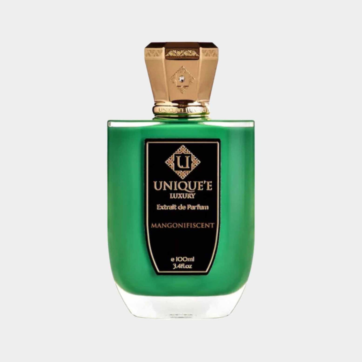 Fles van Uniquee Luxury Mangonifiscent Sample, een luxe parfum in een opvallende groene flacon met gouden details, 100 ml.