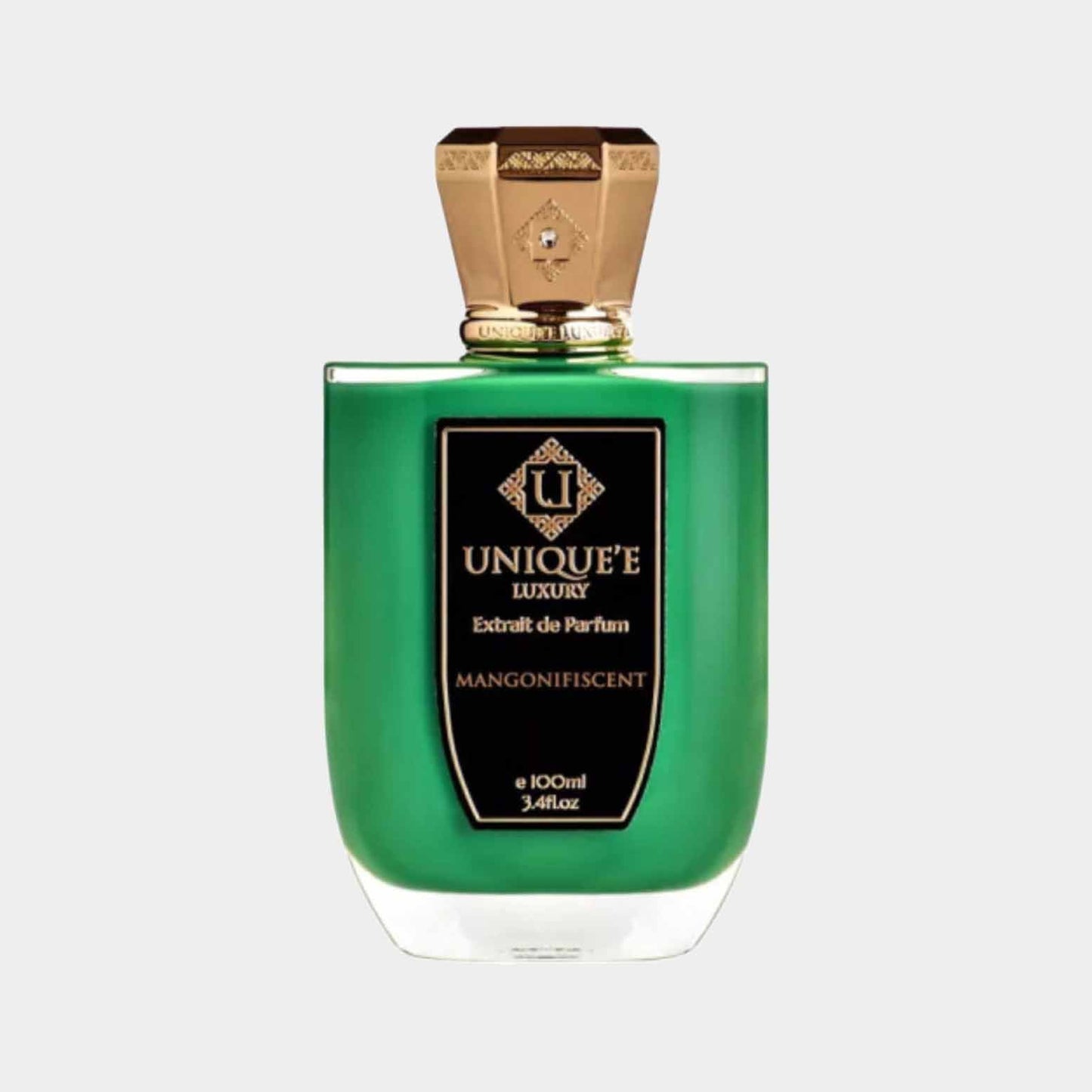Een volle fles van Uniquee Luxury Mangonifiscent Extrait de Parfum, gekenmerkt door een elegante groene kleur en een gouden dop. De luxe verpakking weerspiegelt de verfijnde geur binnenin.