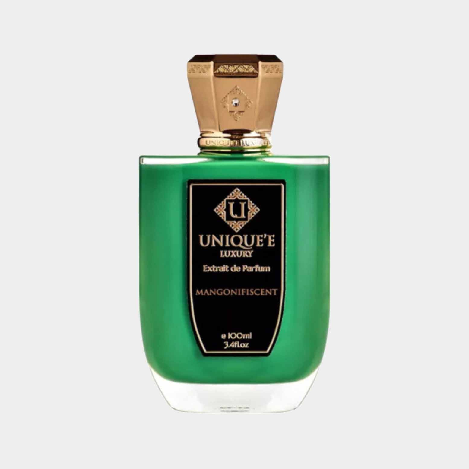 Een volle fles van Uniquee Luxury Mangonifiscent Extrait de Parfum, gekenmerkt door een elegante groene kleur en een gouden dop. De luxe verpakking weerspiegelt de verfijnde geur binnenin.