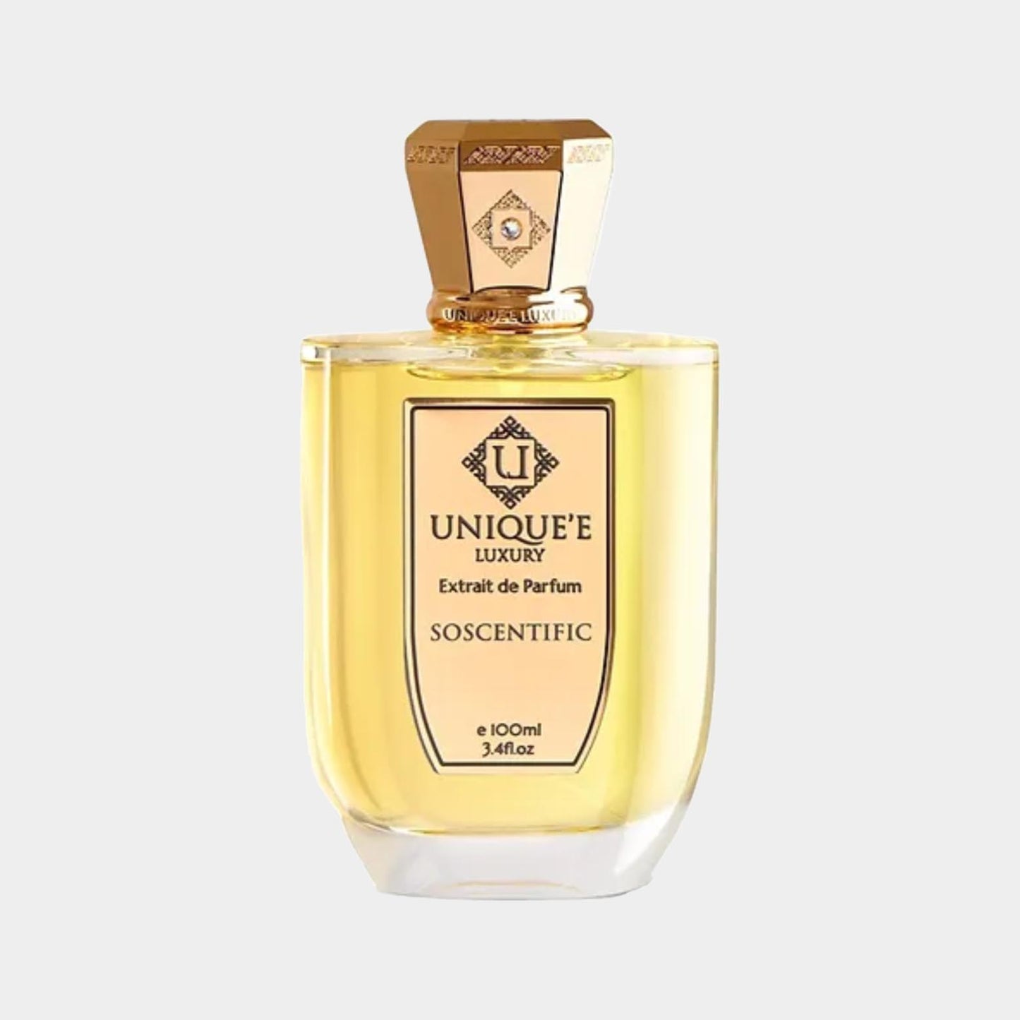 Uniquee Luxury SoScentific Sample, een verfijnde parfumfles van 100 ml met een gouden dop en transparante vloeistof, perfect voor luxe geurervaring.
