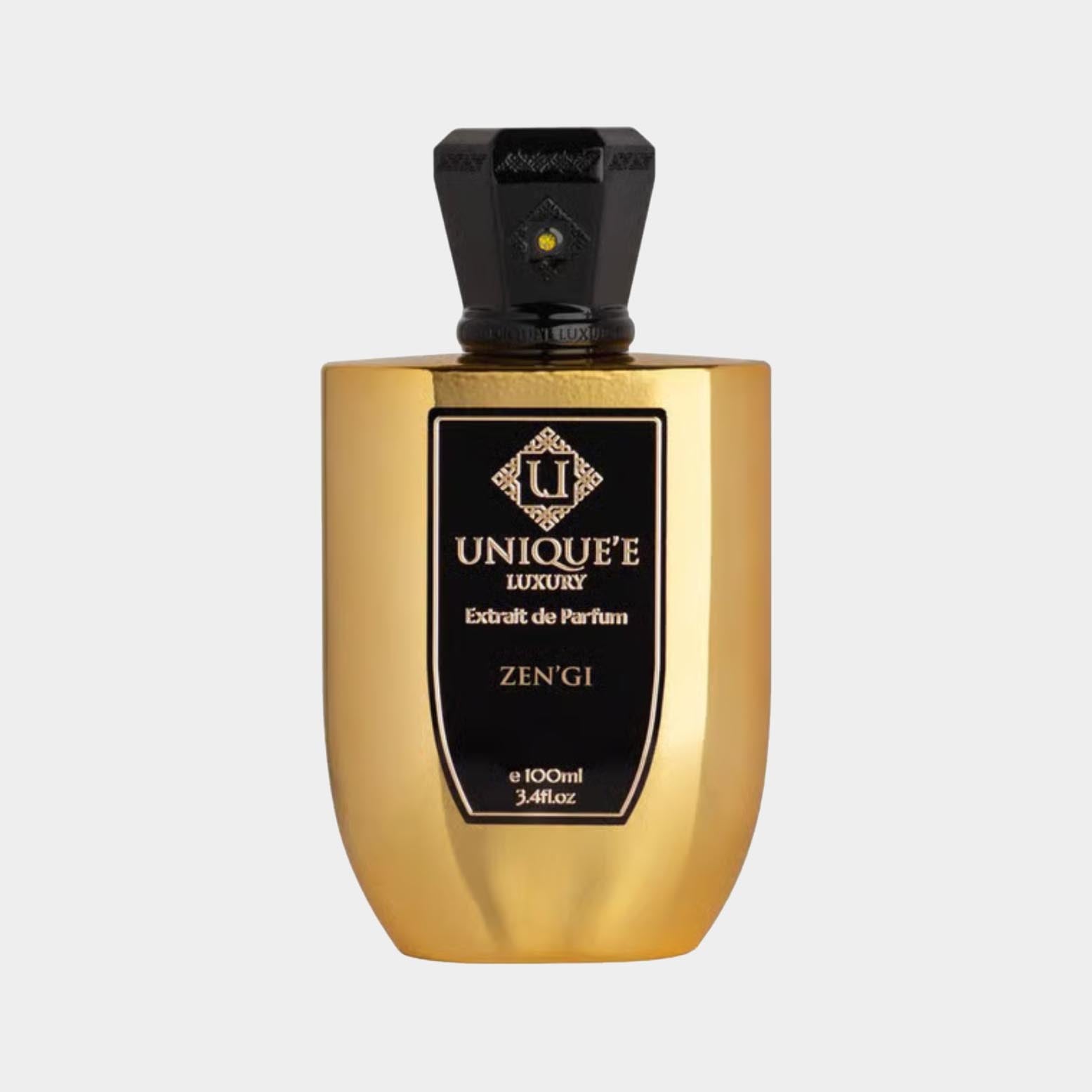 Uniquee Luxury Zengi is een luxe parfumfles in een elegante gouden afwerking van 100 ml, voorzien van een opvallende zwarte dop met een delicate strass-steentjes.