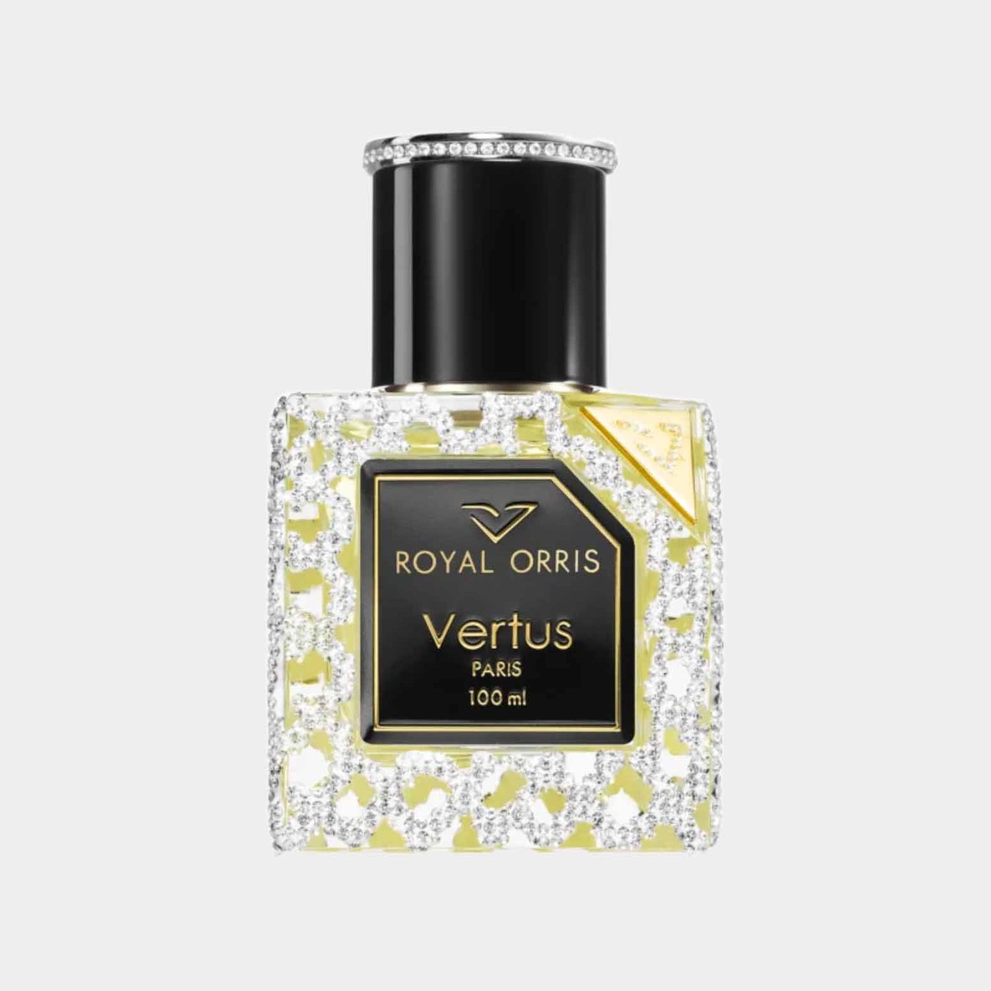 Vertus Royal Orris Sample, een elegant parfum in een luxe flacon met een sprankelende afwerking, 100 ml inhoud.