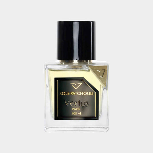 Full bottle of Vertus Sole Patchouli parfum, 100 ml, featuring a sleek glass design with a black cap and elegant gold accents.