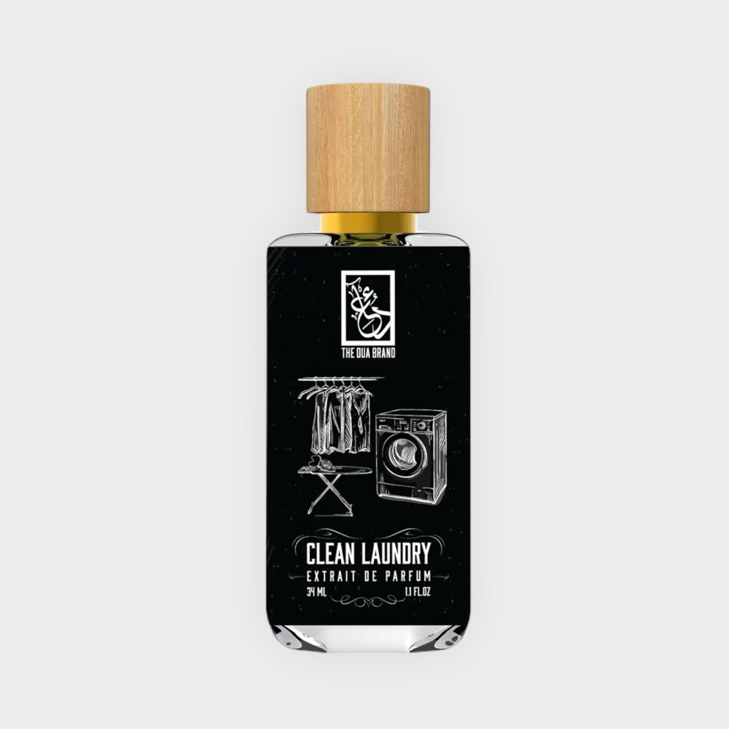 Dua Clean Laundry Sample is een elegant flesje parfum met een houten dop, ontworpen om de frisse geur van schoon gewassen wasgoed vast te leggen, met een inhoud van 37 ml.