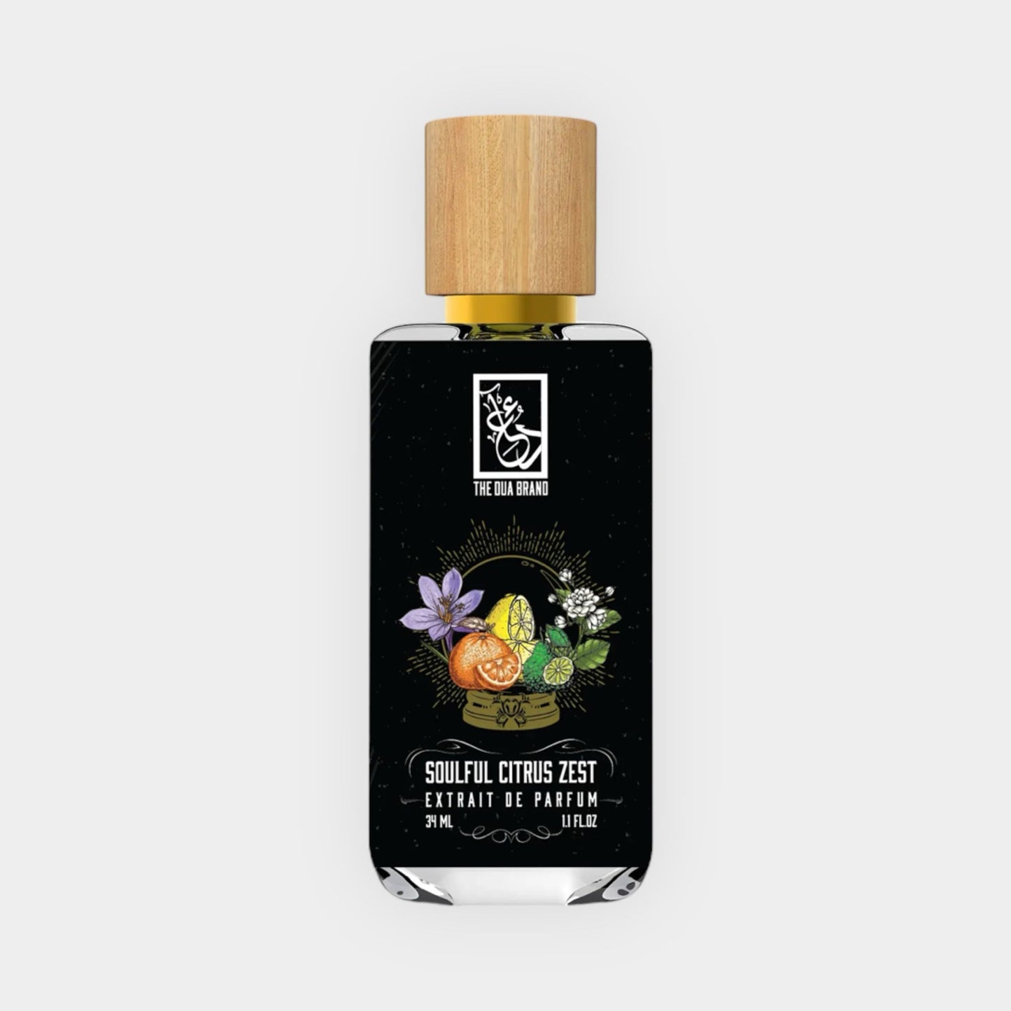 Sample van Dua Soulful Citrus Zest, een parfum met een kleurrijke fles en houten dop, versierd met bloemen en citrusvruchten.
