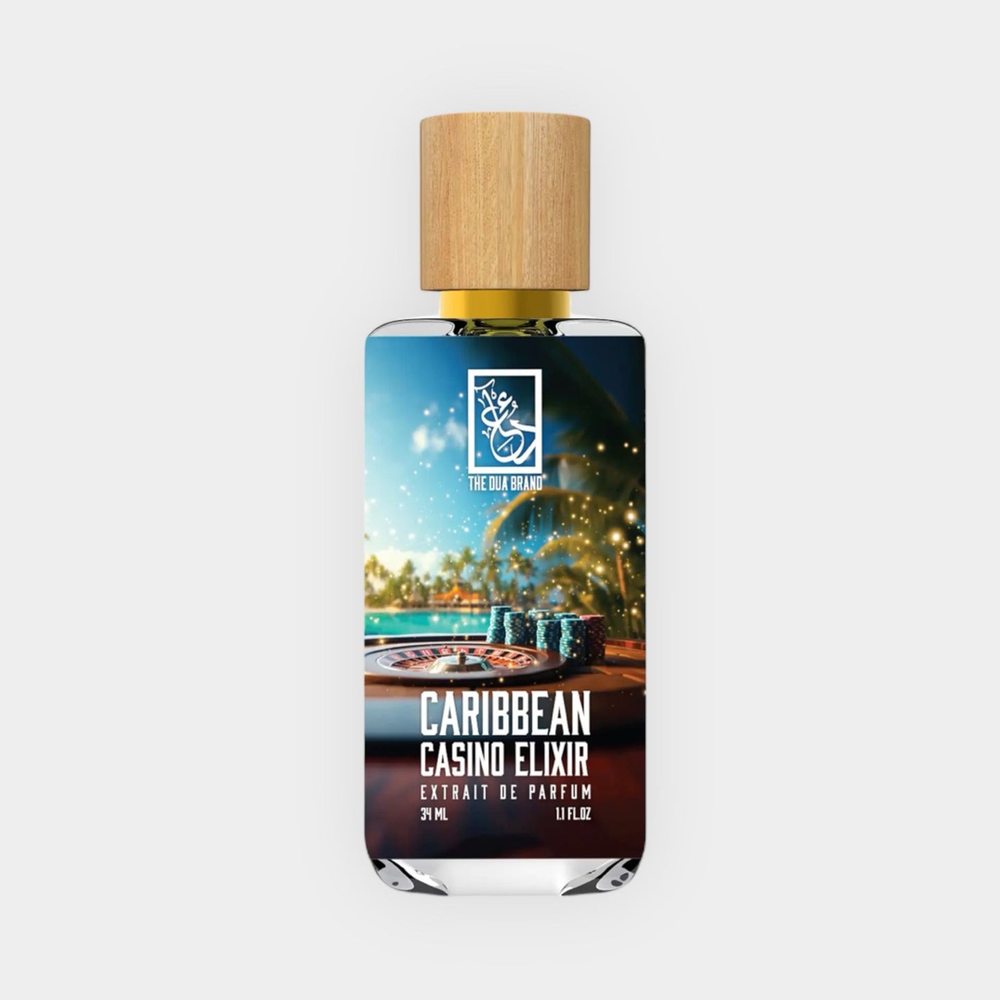 Dua Caribbean Casino Elixir Sample, een parfum in een elegant flesje met houten dop, vangt de sfeer van een levendig casino met zijn verfrissende en opwindende geur. Perfect voor liefhebbers van unieke geurcombinaties.