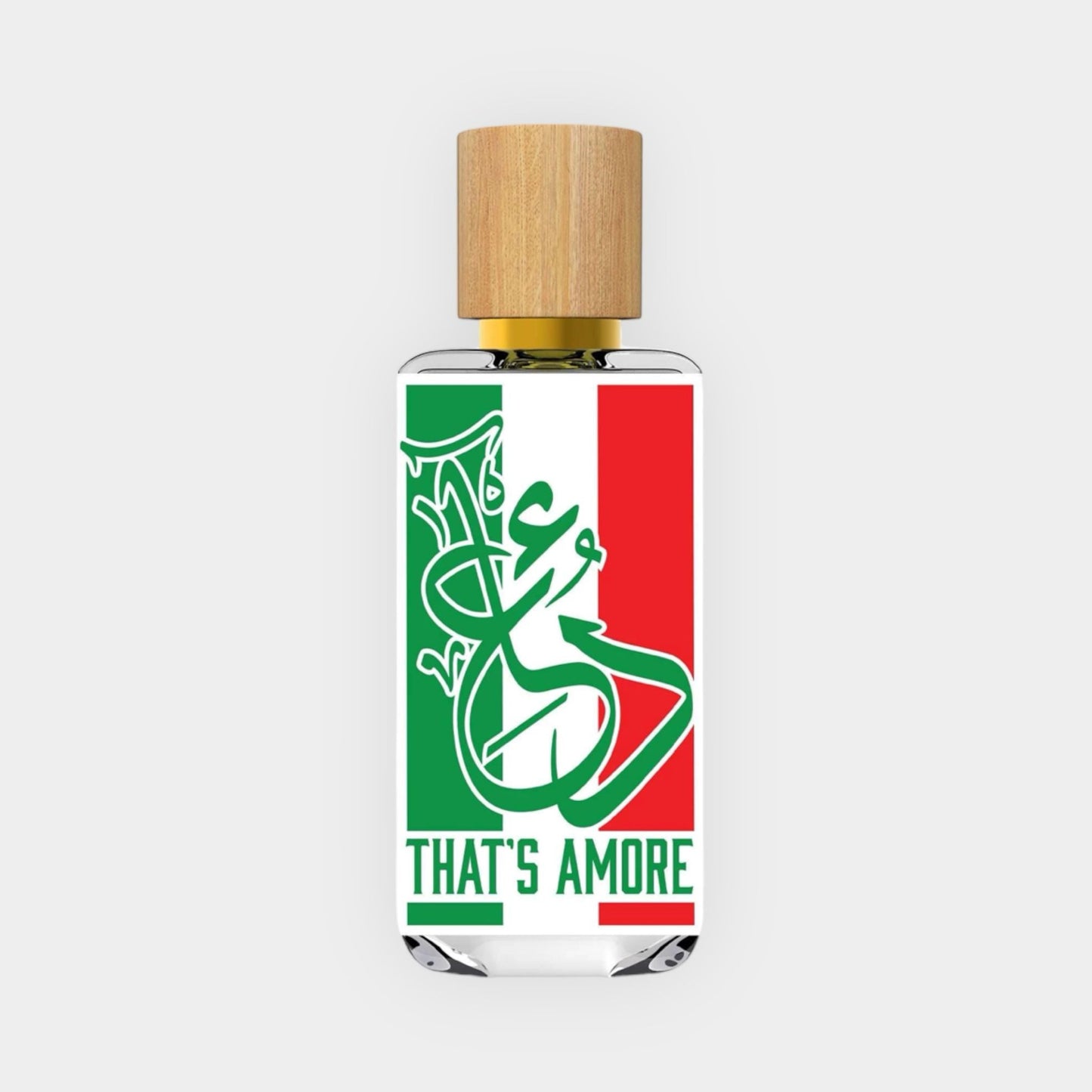 Dua Thats Amore Sample, een geur in een elegante glazen fles met een houten dop, versierd met een kleurontwerp in de Italiaanse vlag.