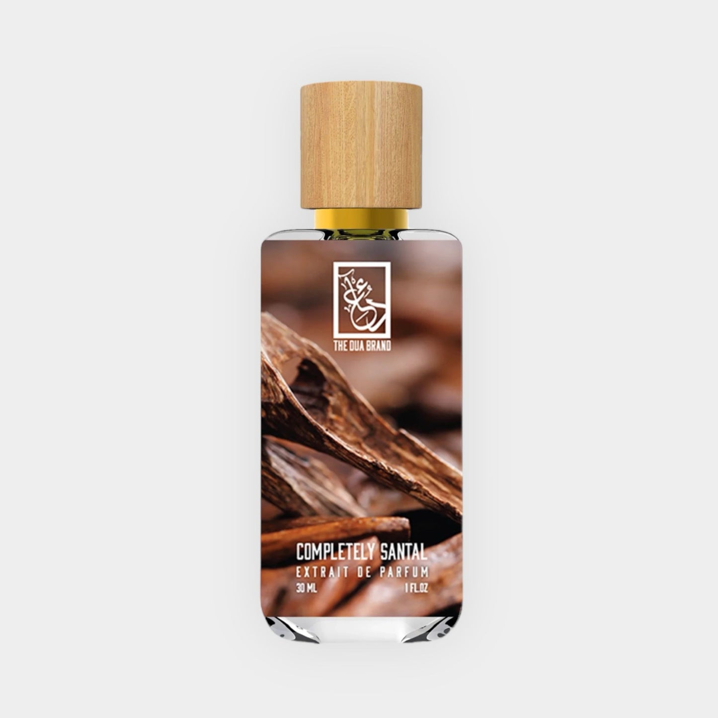 Dua Completely Santal Sample, een parfum extract in een elegante fles met een houten dop, 30 ml inhoud.