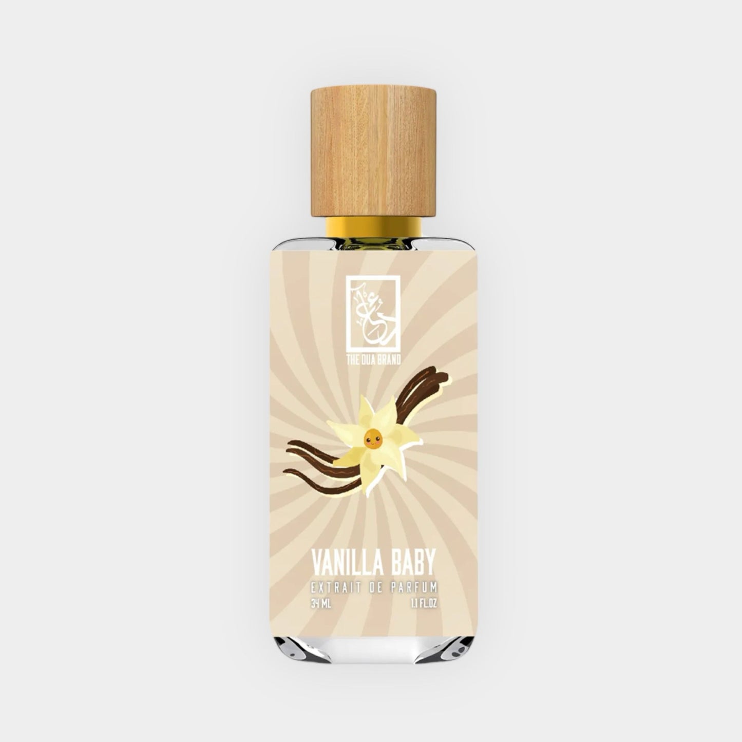 Flesje van Dua Vanilla Baby Sample, een parfum met een aantrekkelijke verpakking en een geur van vanille. Het flesje heeft een houten dop en een stijlvol ontwerp.