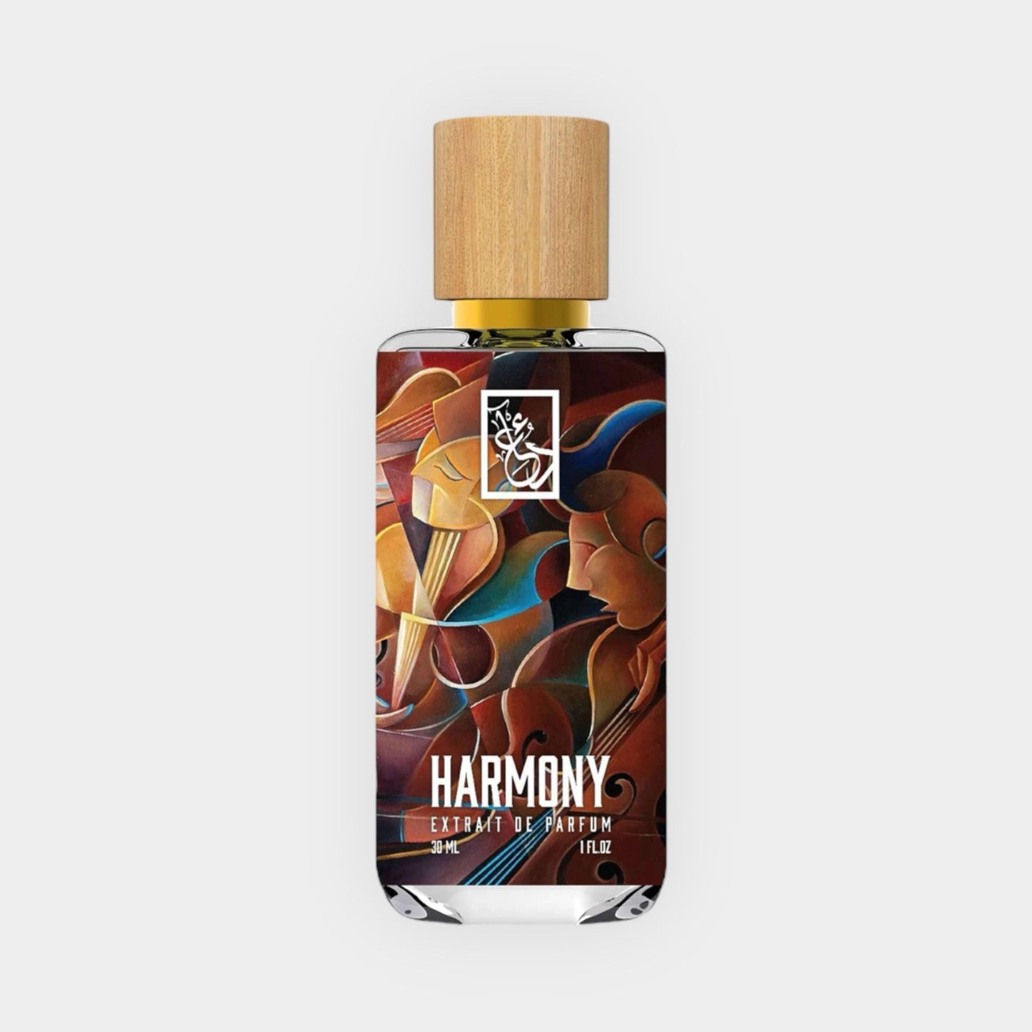 Dua Harmony Sample, een elegante parfumfles met een artistiek label en een houten dop, perfect voor het verkennen van nieuwe geurervaringen.