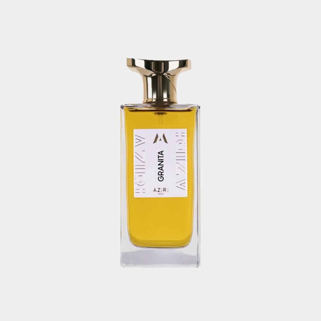 Aziri Paris Granita volle fles met een elegante, transparante vorm en gouden dop, gevuld met een heldere, gele geur.