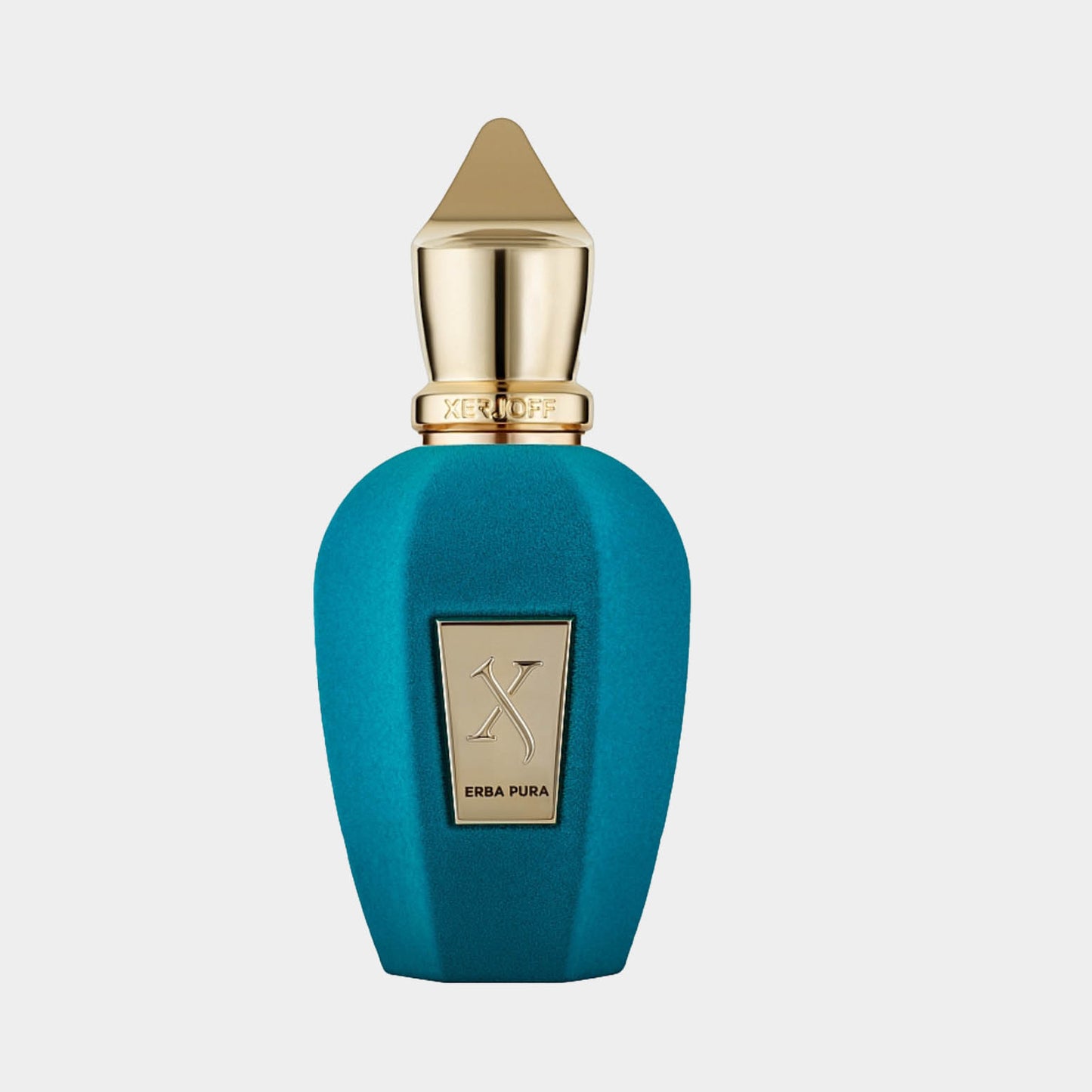 Een full bottle van Xerjoff Erba Pura, met een opvallende turquoise fles en een gouden dop, perfect voor liefhebbers van luxe parfums.