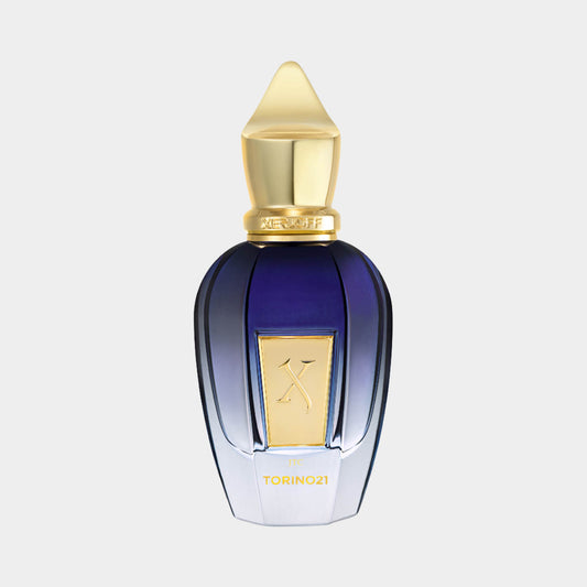Xerjoff Torino 21 volledige fles, elegant vormgegeven met een diepblauwe en gouden afwerking. Het ontwerp straalt luxe en verfijning uit, perfect voor een exclusieve geurervaring.