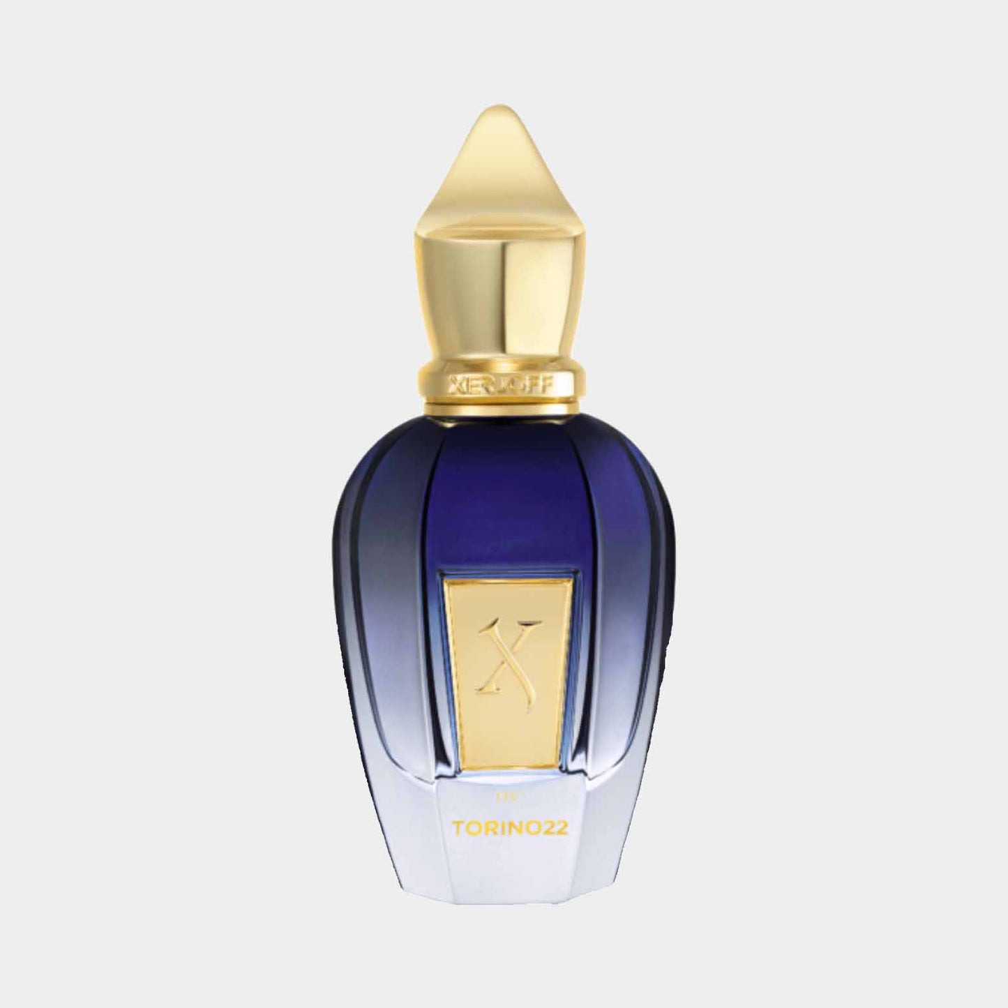 Xerjoff Torino 22 volle fles met een elegant ontwerp, gekenmerkt door een blauwe en gouden kleurstelling.