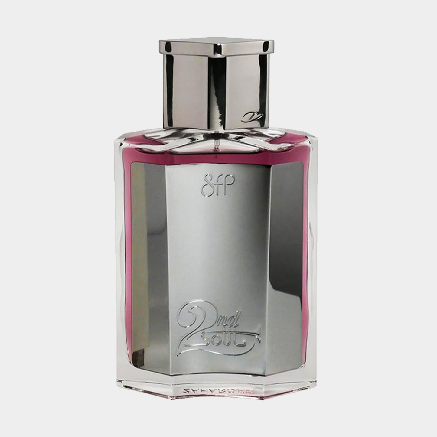 Zaharoff 2nd Soul Sample: Elegante zilveren fles met een stijlvolle, geometrische vorm en een subtiele roze tint. Perfect voor een luxe geurervaring.
