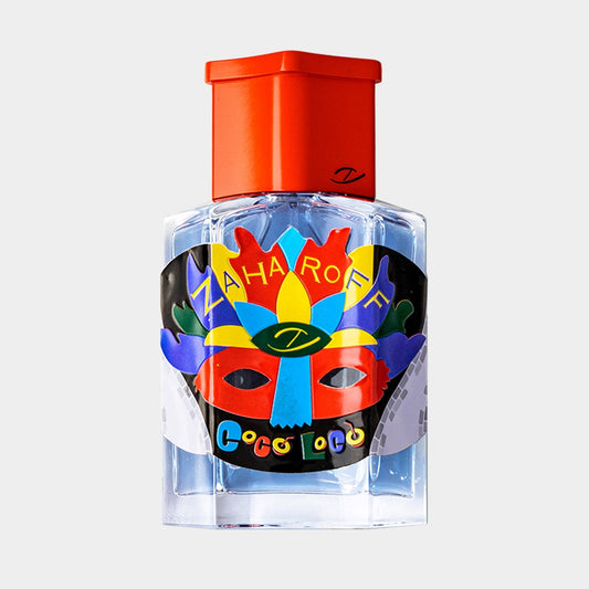 A vibrant bottle of Zaharoff Signature Cocoloco Sample, featuring a colorful mask design and an orange cap, showcasing a playful and artistic aesthetic.