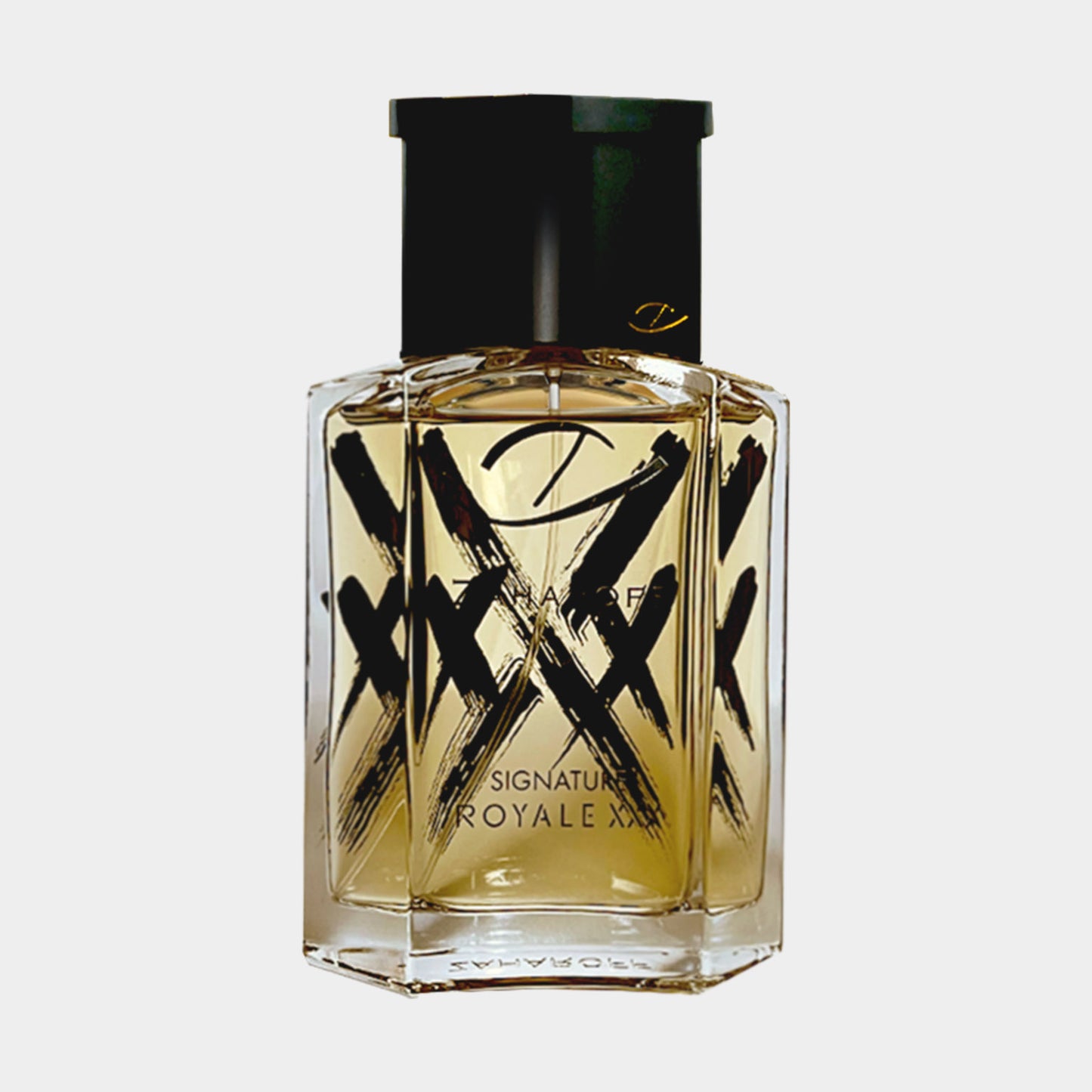 Zaharoff Signature Royale XXX Sample, een elegant parfum in een unieke fles met herkenbare X-ontwerpen, perfect voor liefhebbers van luxe geurervaringen.