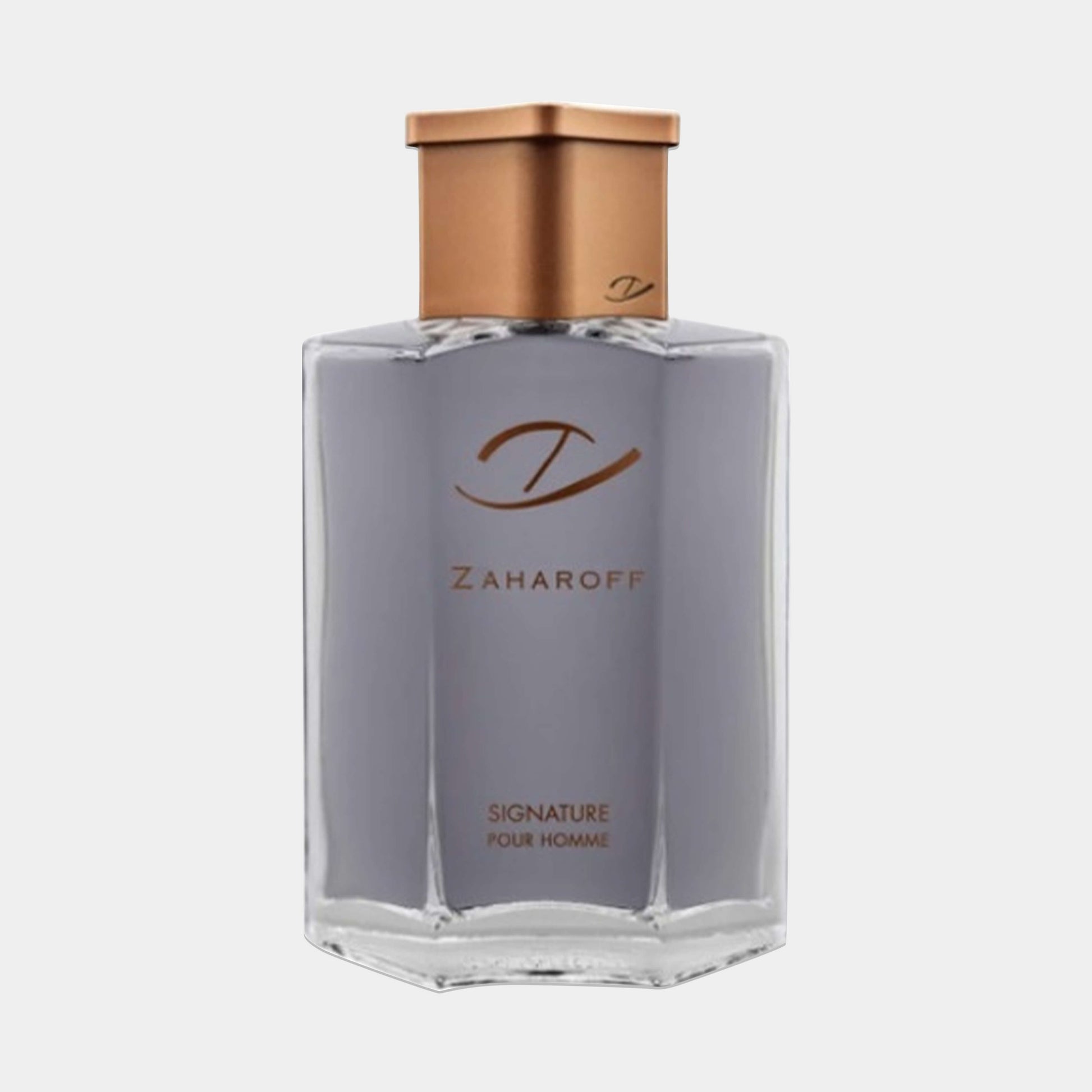 A glass bottle of Zaharoff Signature Pour Homme Sample, featuring a sleek design with a gold cap and a subtle gray fragrance. The label prominently displays the Zaharoff logo and product name.