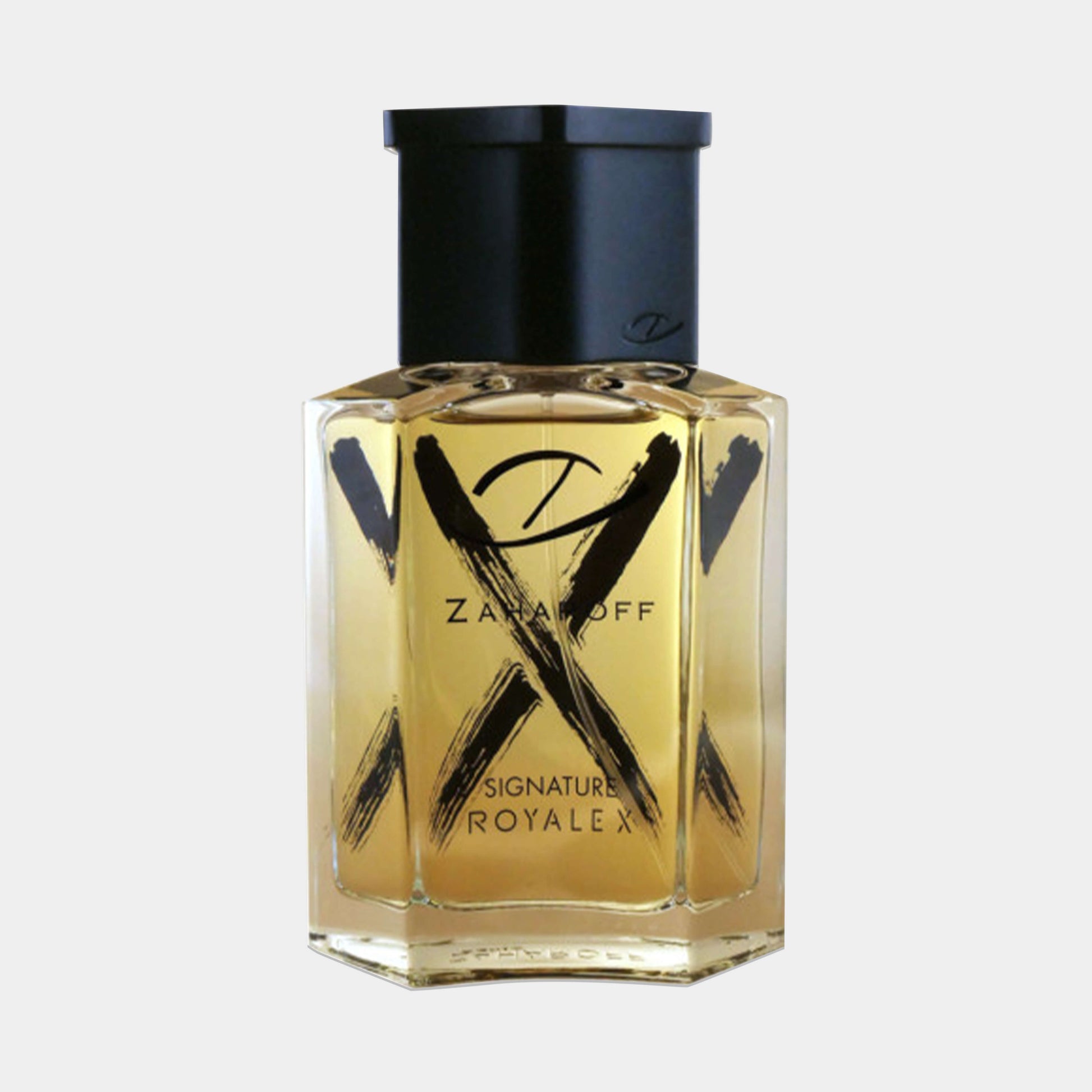 Zaharoff Signature Royale X Sample, showcasing an elegant glass bottle with bold black accents and a luxurious golden liquid inside.