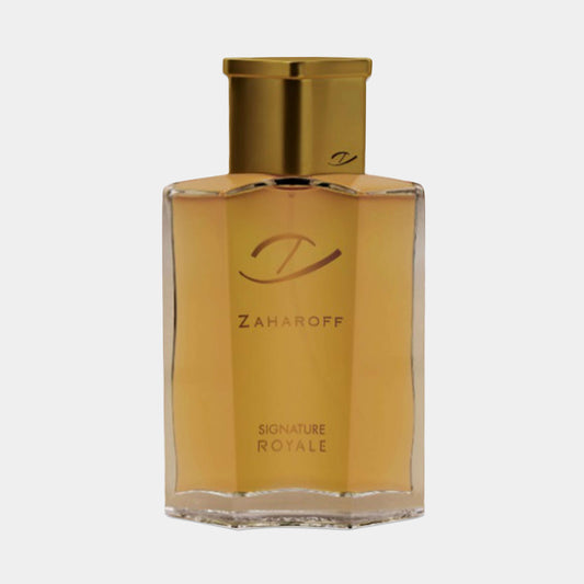 A stylish glass bottle of Zaharoff Signature Royale Sample, featuring a golden cap and a sleek design, containing a warm, amber-colored fragrance.