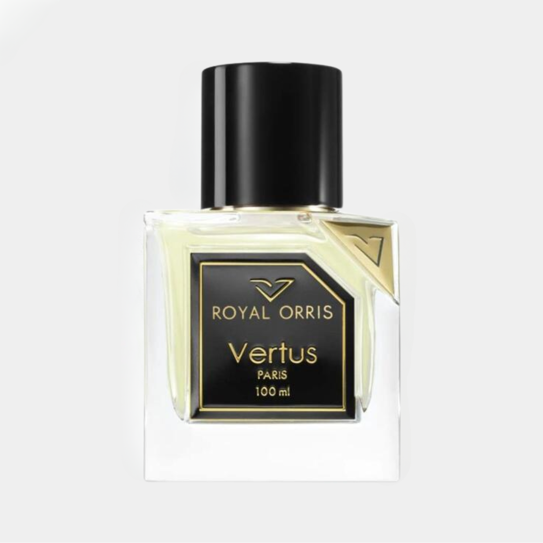 Full bottle of Vertus Royal Orris parfum, een elegante geur in een 100 ml fles met een strak ontwerp en zwarte dop.
