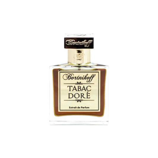 Bortnikoff Tabac Dore, een luxe parfum in een elegante glazen fles met een gouden label, stijlvol en verfijnd.