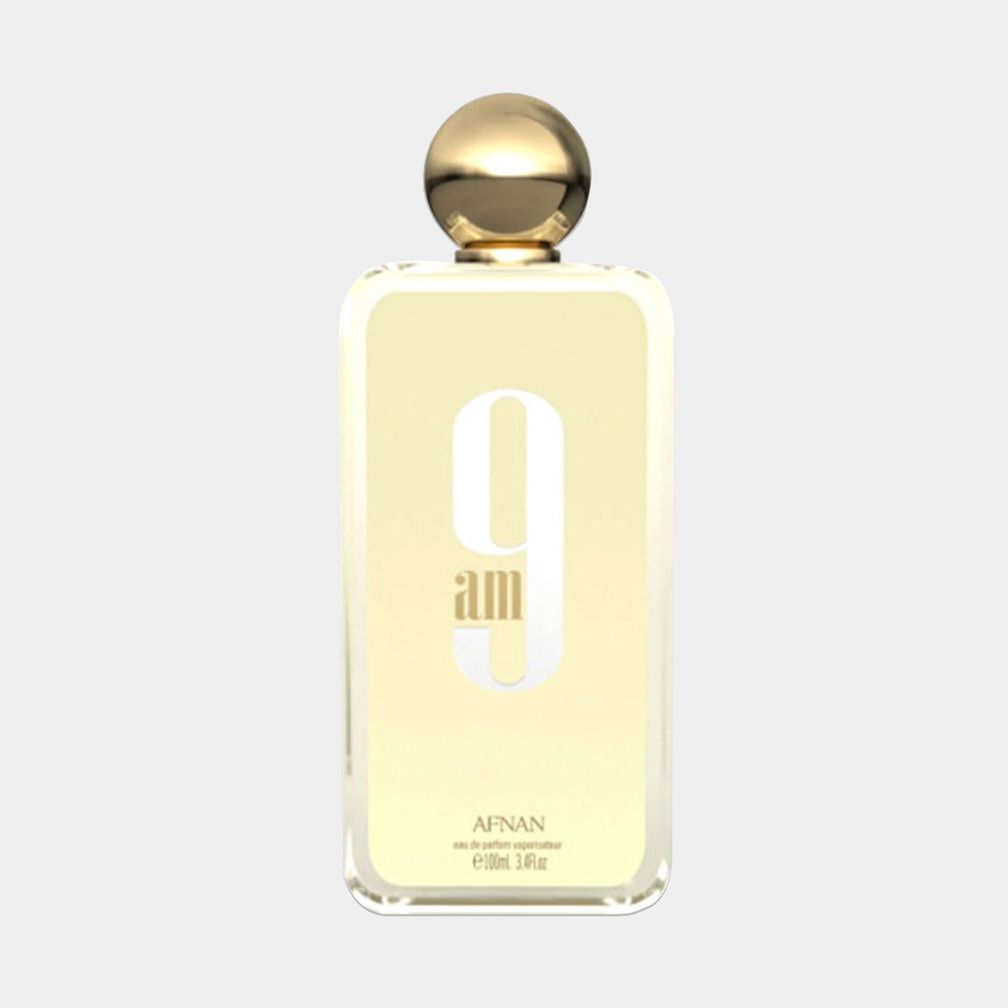 Afnan Perfumes 9AM Sample in een elegante, doorzichtige fles met een gouden dop. De geur is subtiel en verfijnd, perfect voor dagelijks gebruik.