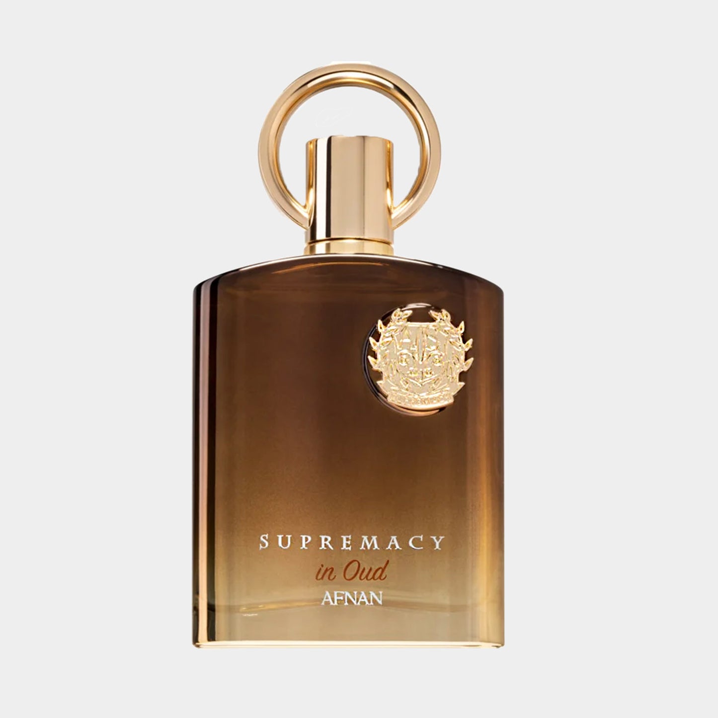 Afnan Perfumes Supremacy in Oud sample, een elegante geur in een bruine flacon met gouden details. Deze parfum biedt een luxe ervaring met rijke oodor.