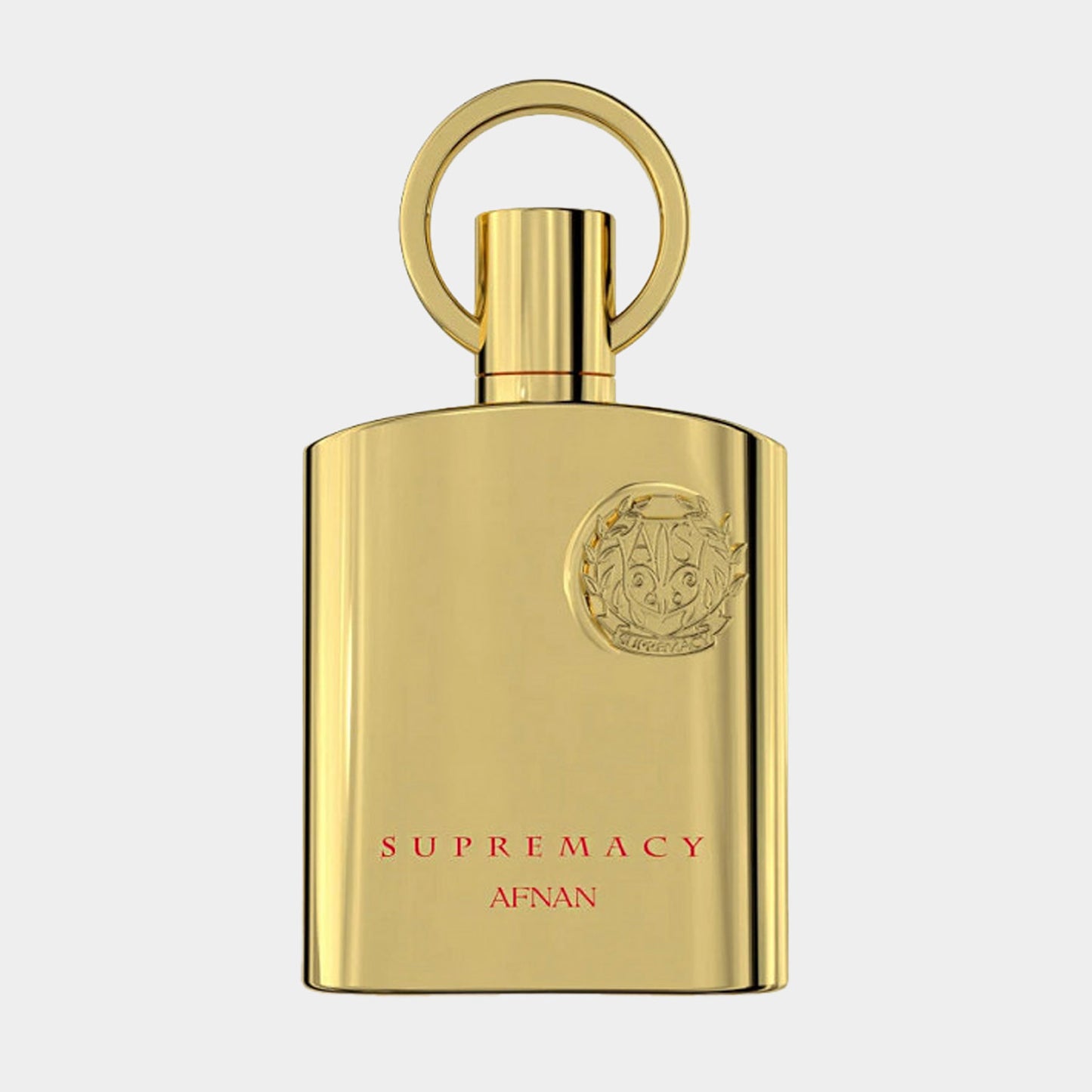 Afnan Perfumes Supremacy Gold Sample in een chique gouden flacon met een opvallende ring en het logo van Afnan.